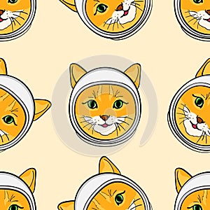 Seamless background with the head of a cat in a space suit. The theme of the cosmos
