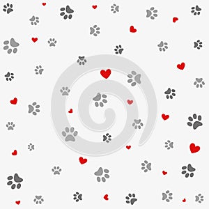 Seamless background with heart and footprint, paws