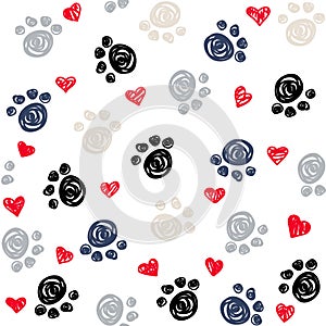 Seamless background with heart and footprint, paws