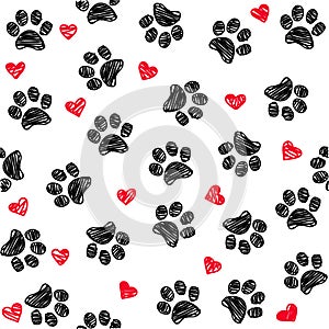 Seamless background with heart and footprint, paws