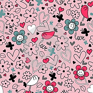 Seamless background hearts flowers and birds