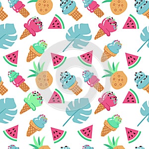 Seamless background with ice cream, watermelon, pineapple and palm leaves. Vector hand drawn flat illustration on white background