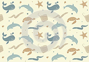 Seamless background with icons of sea inhabitants in flat style