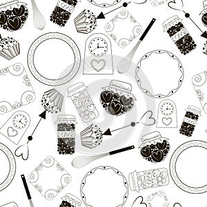 Seamless background with the image of kitchen utensils, brown silhouettes on a white background