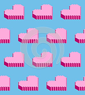 Seamless background of isometric pixel hearts. Vector illustration in style of old 8-bit video games. Creative love