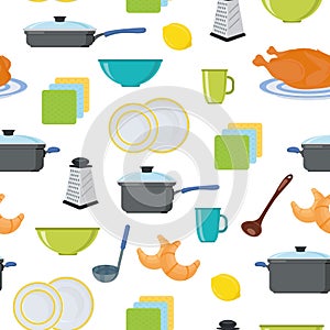 Seamless background. Kitchen. Food and drinks. Kitchen utensils. Pots and pans. The pattern. Vector illustration
