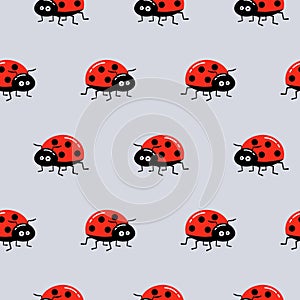 Seamless background with ladybug on gray. Simple pattern. Vector illustration