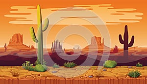 Seamless background of landscape with desert and cactus.