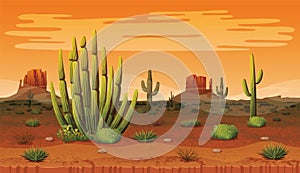 Seamless background of landscape with desert and cactus. photo