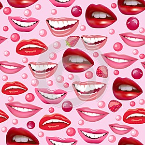 seamless background with laughing female lips strawberry and cherry