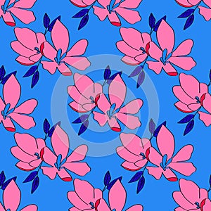 Seamless background of  lily flowers. Lilies pink flowers on a light blue background. Can be used as wrapping paper, fabric print