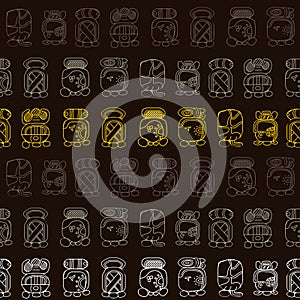 Seamless background with Maya calendar named months and associated glyphs