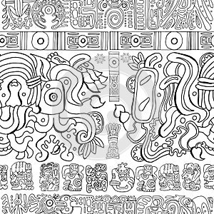 Seamless background with mayan patterns and symbols on white photo