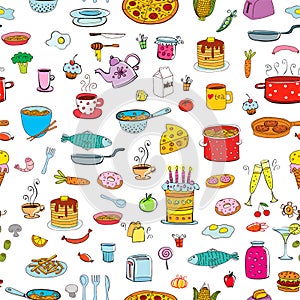 Seamless background meal and ware in doodle style.