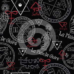 Seamless background with mystic symbols on black