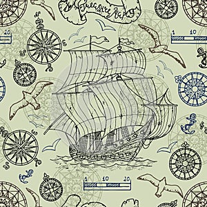 Seamless background with nautical elements, old vessel, compass, gulls