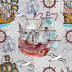 Seamless background with old sailing ships, marine symbols and gulls