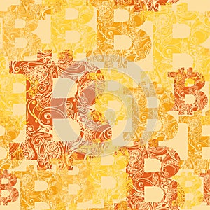 Seamless background with orange symbols bitcoins.