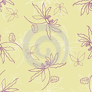 Seamless background of outlines decorative orchids flowers and flying butterflies