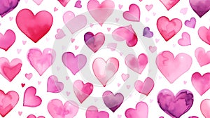 Seamless Background of painted Hearts in hot pink Watercolors. Romantic Wallpaper