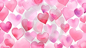 Seamless Background of painted Hearts in hot pink Watercolors. Romantic Wallpaper