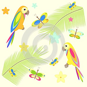 Seamless background with palm tree and parrots