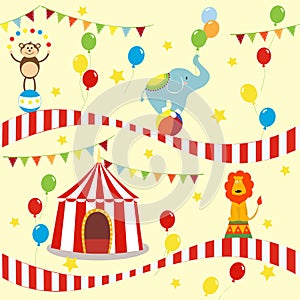 Seamless background, pattern, cartoon cute elephant, lion and monkey with circus tent.