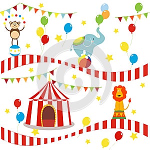 Seamless background, pattern, cartoon cute elephant, lion and monkey with circus tent.