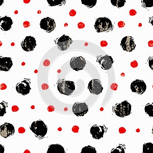 Seamless background pattern, with circles, dots, paint strokes and splashes, black and white