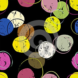 Seamless background pattern, with circles, dots, strokes and splashes, on black