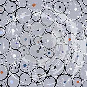 Seamless background pattern, with circles, oval, dots, paint strokes and splashes, grungy