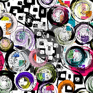 Seamless background pattern, with circles, paint strokes and splashes, black and white