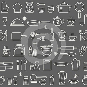 Seamless background pattern Cooking Kitchen utensil icons set