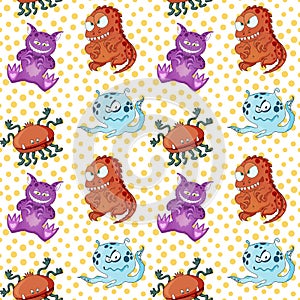 A seamless background pattern of happy, floating, cartoon, vector aliens