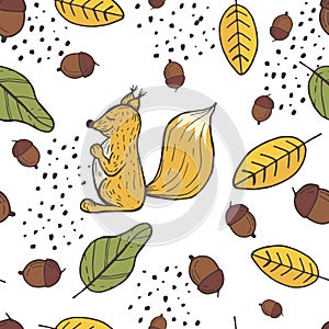 Seamless background pattern with leaf, squirrel, acorn, nut. Hand draw botanic vector stock illustration, EPS 10.