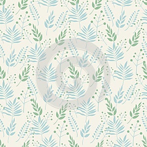 Seamless background pattern of leaves and branches leaves in pastel shades of green and blue on a beige background . Abstract leaf