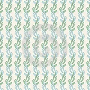 Seamless background pattern of leaves and branches leaves in pastel shades of green and blue on a beige background . Abstract leaf