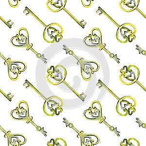 Seamless background pattern with love keys. Watercolor hand drawn illustration