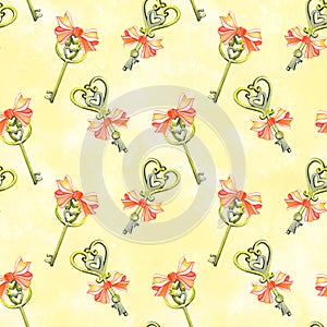 Seamless background pattern with love keys. Watercolor hand drawn illustration