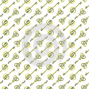 Seamless background pattern with love keys. Watercolor hand drawn illustration