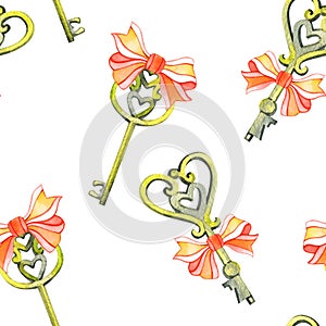Seamless background pattern with love keys. Watercolor hand drawn illustration