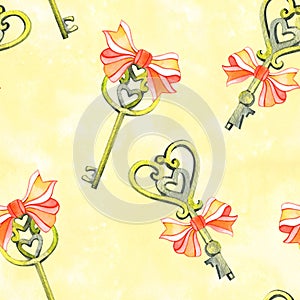 Seamless background pattern with love keys. Watercolor hand drawn illustration