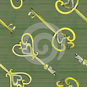 Seamless background pattern with love keys. Watercolor hand drawn illustration