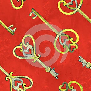 Seamless background pattern with love keys. Watercolor hand drawn illustration