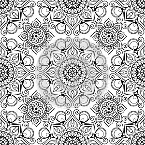 Seamless background pattern with mehndi henna lace buta decoration elements in Indian style.