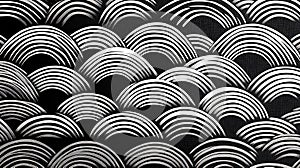 Minimalist black and white background pattern with repeating arcs and brush strokes for modern design