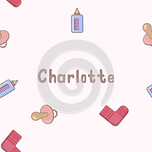 Seamless background pattern name Charlotte of the newborn. Name baby Charlotte. Seamless name Charlotte. Charlotte vector.