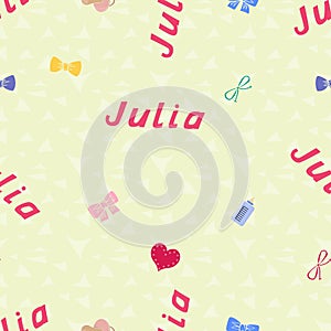 Seamless background pattern name Julia of the newborn. Name baby Julia. Seamless name Julia. Julia vector.