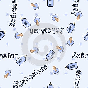 Seamless background pattern name of the newborn Sebastian