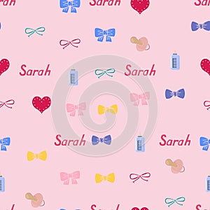 Seamless background pattern name Sarah of the newborn. Name baby Sarah. Seamless name Sarah. Sarah vector.